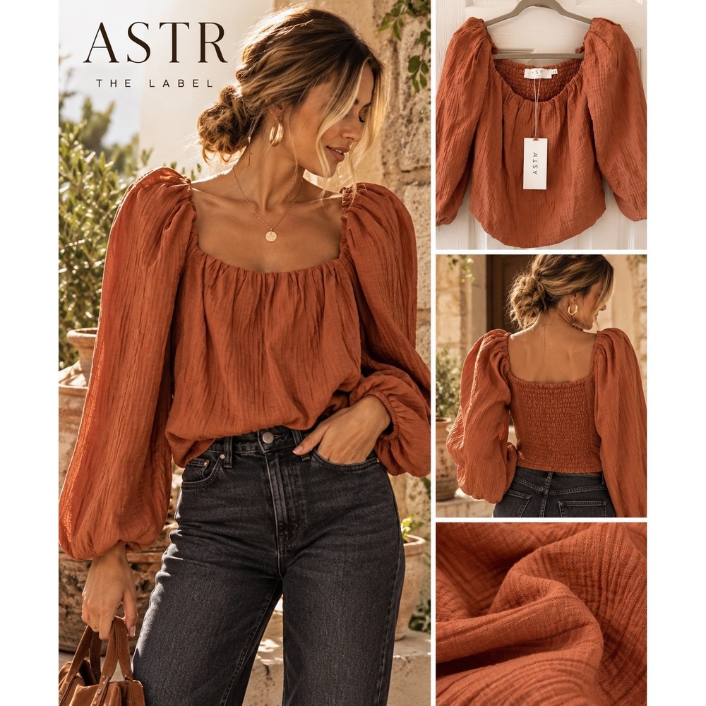 ASTR The Label NWT Puff Sleeve Smocked Blouse Warm Brown Cottagecore M